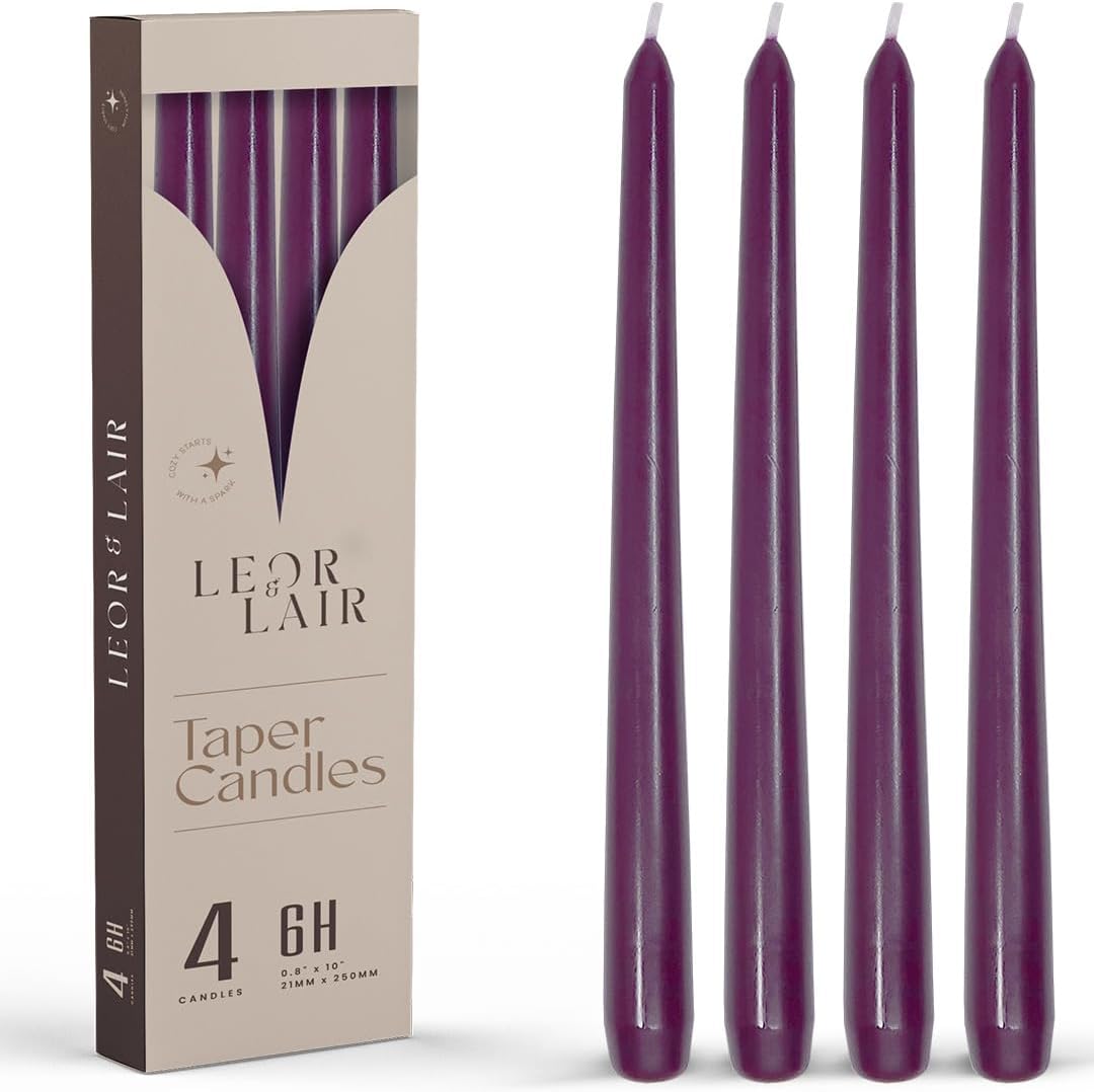 Leor & Lair Purple Taper Candles - 4 Pack 10" Purple Candlesticks - Unscented Long Burning Candle Sticks for Home Decoration, Dinner Table, Holidays, Weddings, Restaurants & Events