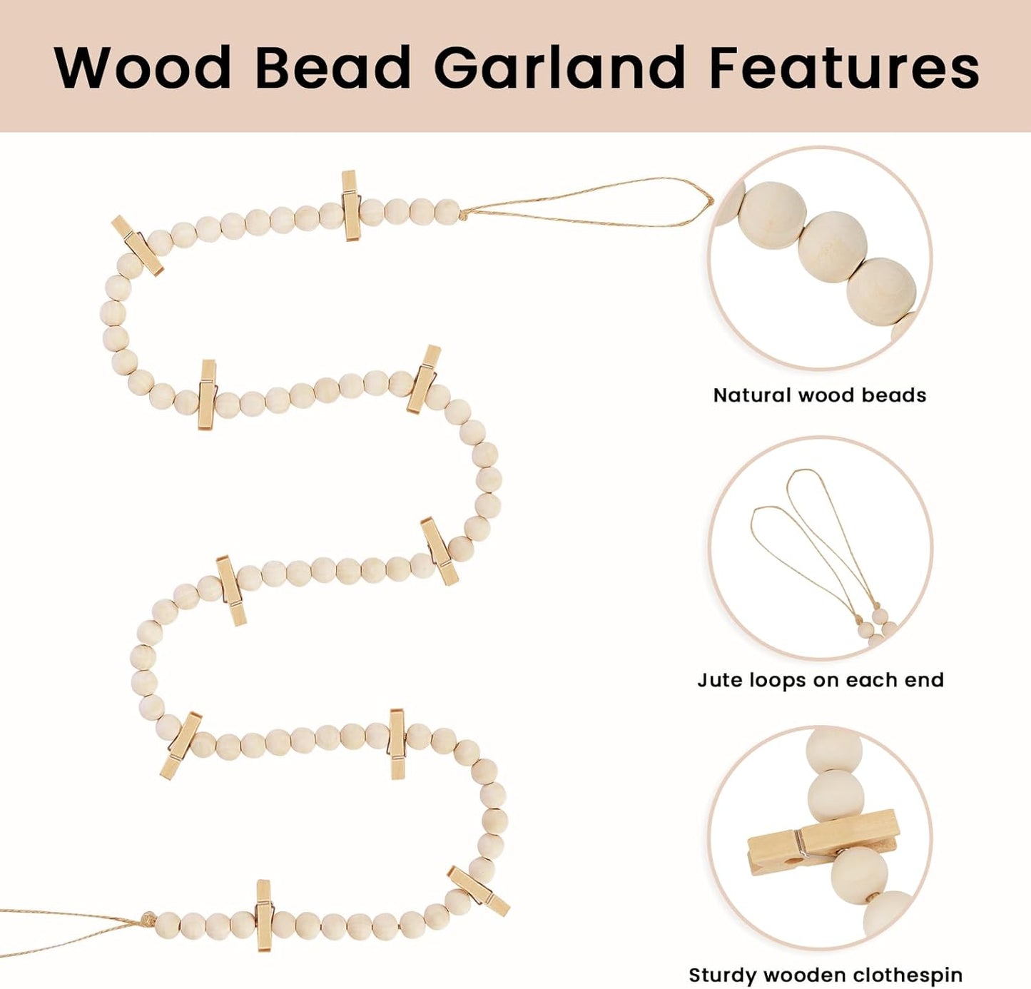 Hanging Photo Display with Clips, Boho Wooden Bead Garland Collage Picture Frame Wall Decor, Photo String with 10 Clips for Bedroom Room Dorm Cubicle Decor, Christmas Teen Girls Gifts, 3 Pack