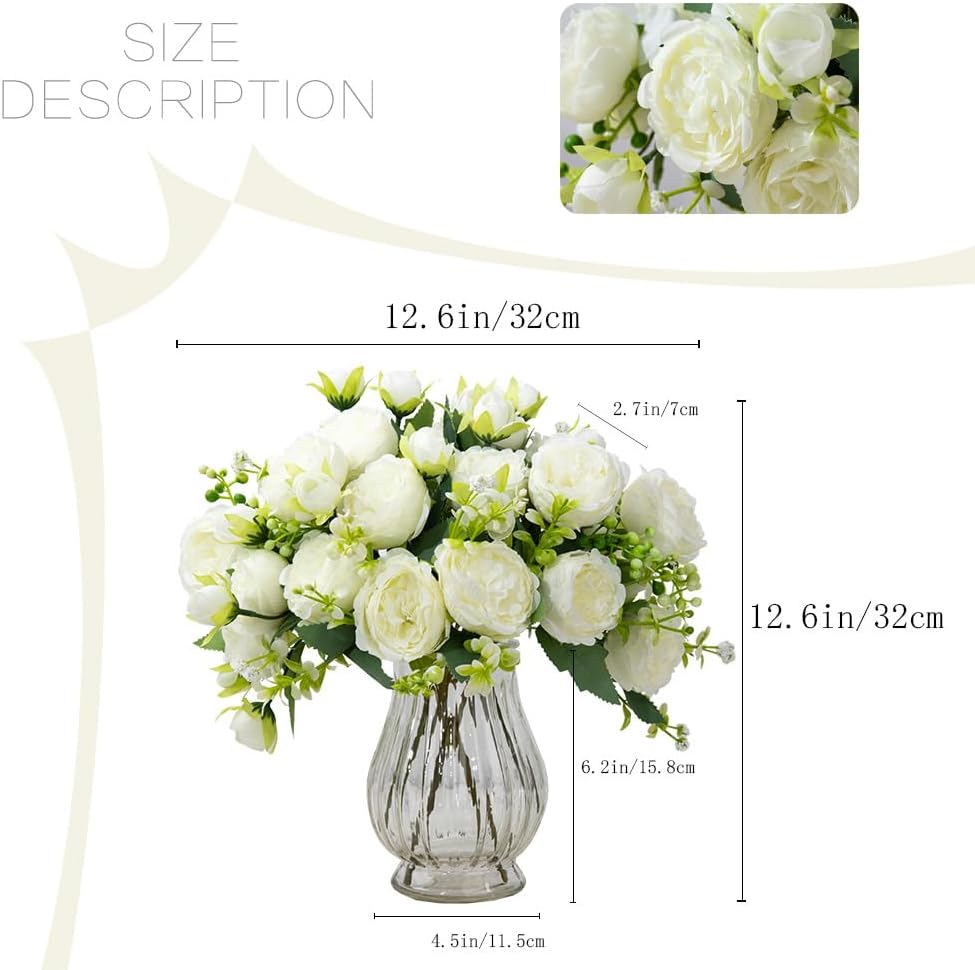 Artificial Peonies Silk Flowers in Glass Vase Faux Flowers Bouquets Modern Penoy Arrangement 4 Pack for Home Decoration Table Centerpiece (White)