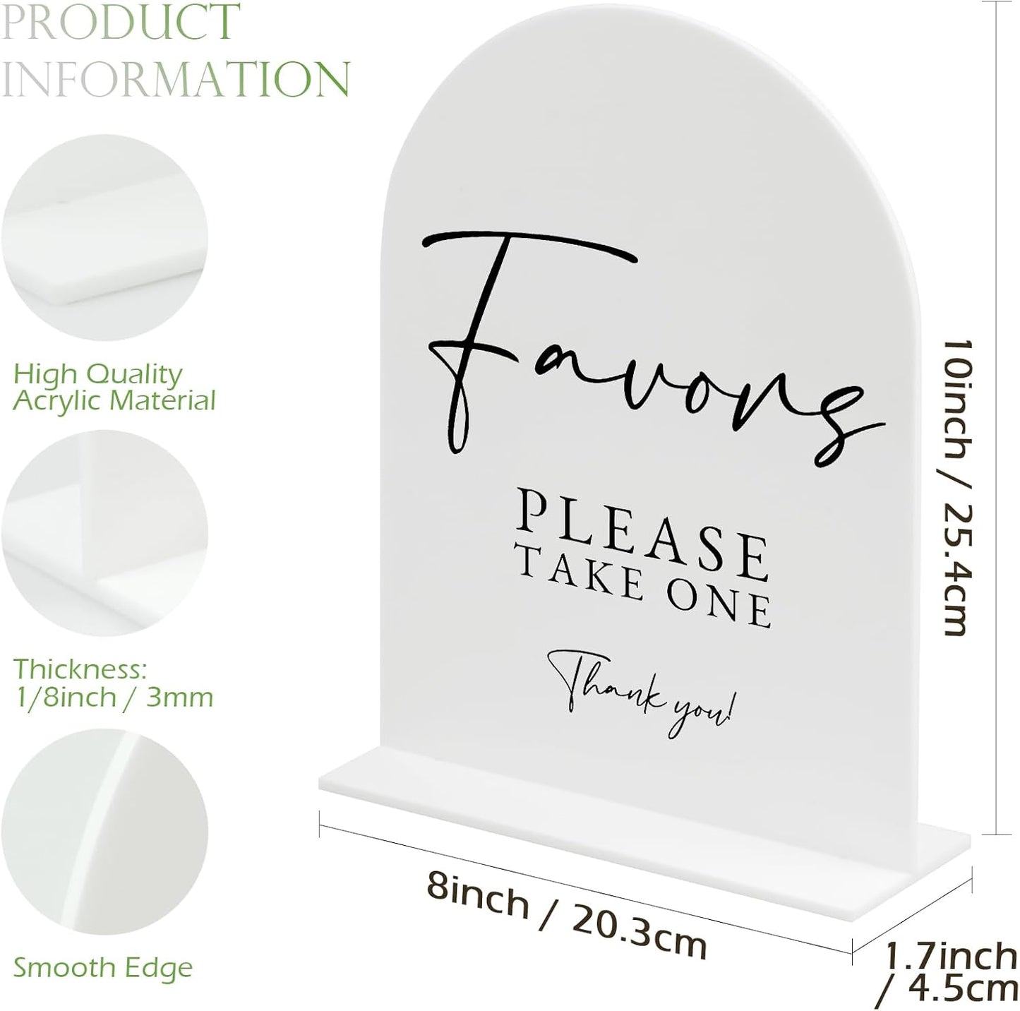 White Arch Acrylic Wedding Sign- 8"x10" Favors Sign and Base,1/8" Thick | Modern Calligraphy Arched Acrylic Favors Sign for Wedding & Party