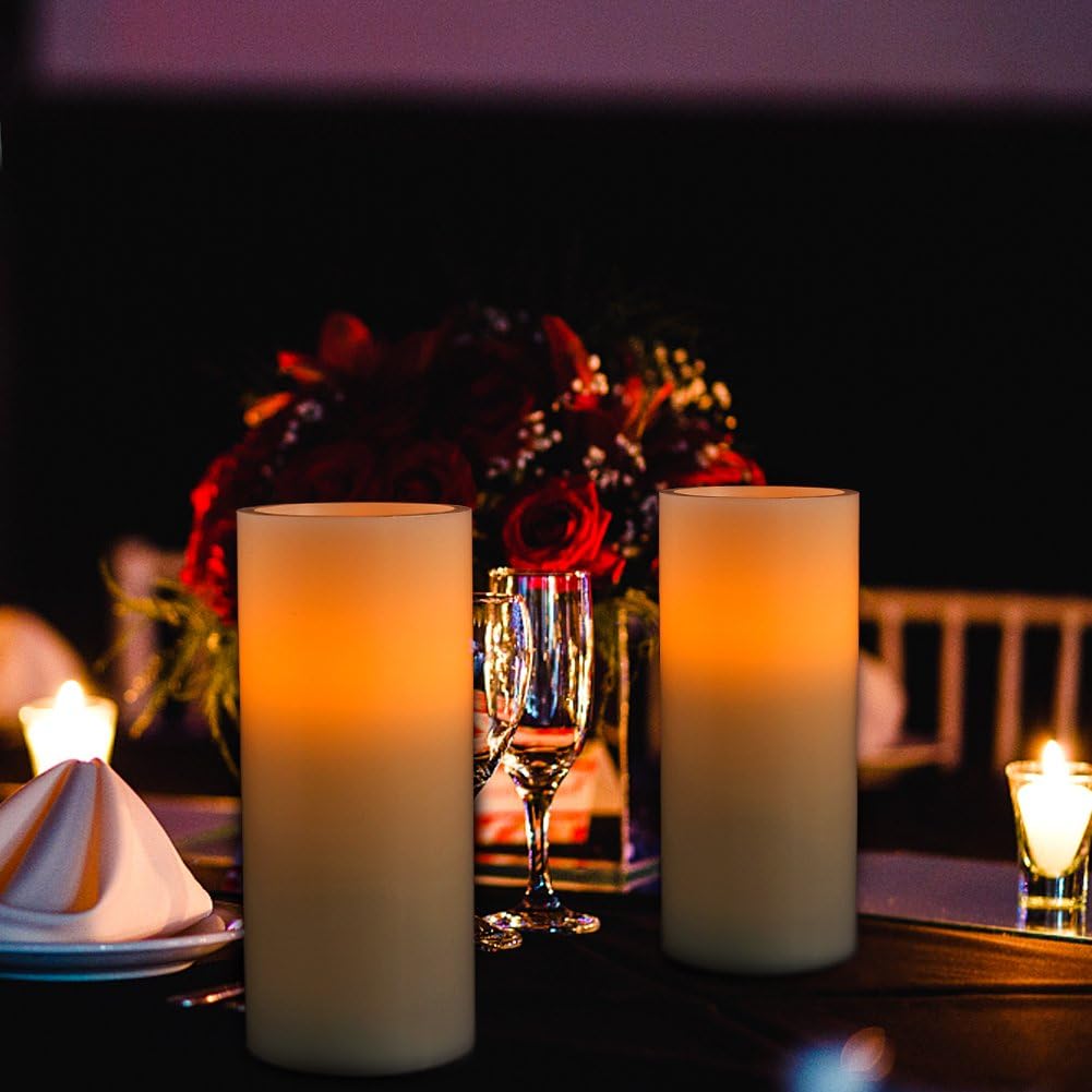 Homemory 7"x3" Flameless Candles Battery Operated, Amber Yellow Light，Realistic Wax LED Pillar Candles with 2 Remote Controls & Cycling 24-Hour Timer, Long Battery Life, Set of 2, Ivory, Indoor Only