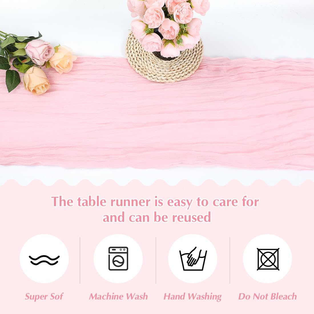 10 Pack Pink Cheesecloth Table Runner -21*120Inch Long Boho Wedding Table Decor, Rustic Gauze Fabric Runner for Bridal Showers, Baby Showers & Parties (Sheer, Lightweight, Wrinkled Design)