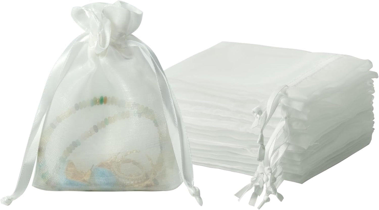 QIANF 20 Pcs White Small Organza Bags 4X6 inch for Wedding Favors with Drawstring, Mini Mesh Gift Bags Jewelry Pouch for Candy Bridal Shower Party Favor Baby Shower Christmas
