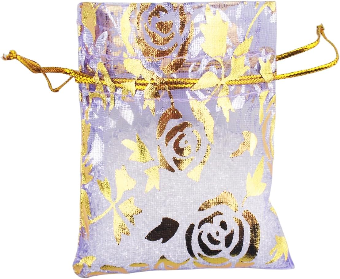 QIANHAILIZZ 100 Pack 2.8 x 3.5 Inch Flower Heart Organza Jewelry Gift Pouch Candy Pouch Drawstring Wedding Favor Bags B511S (lilac gold flower)