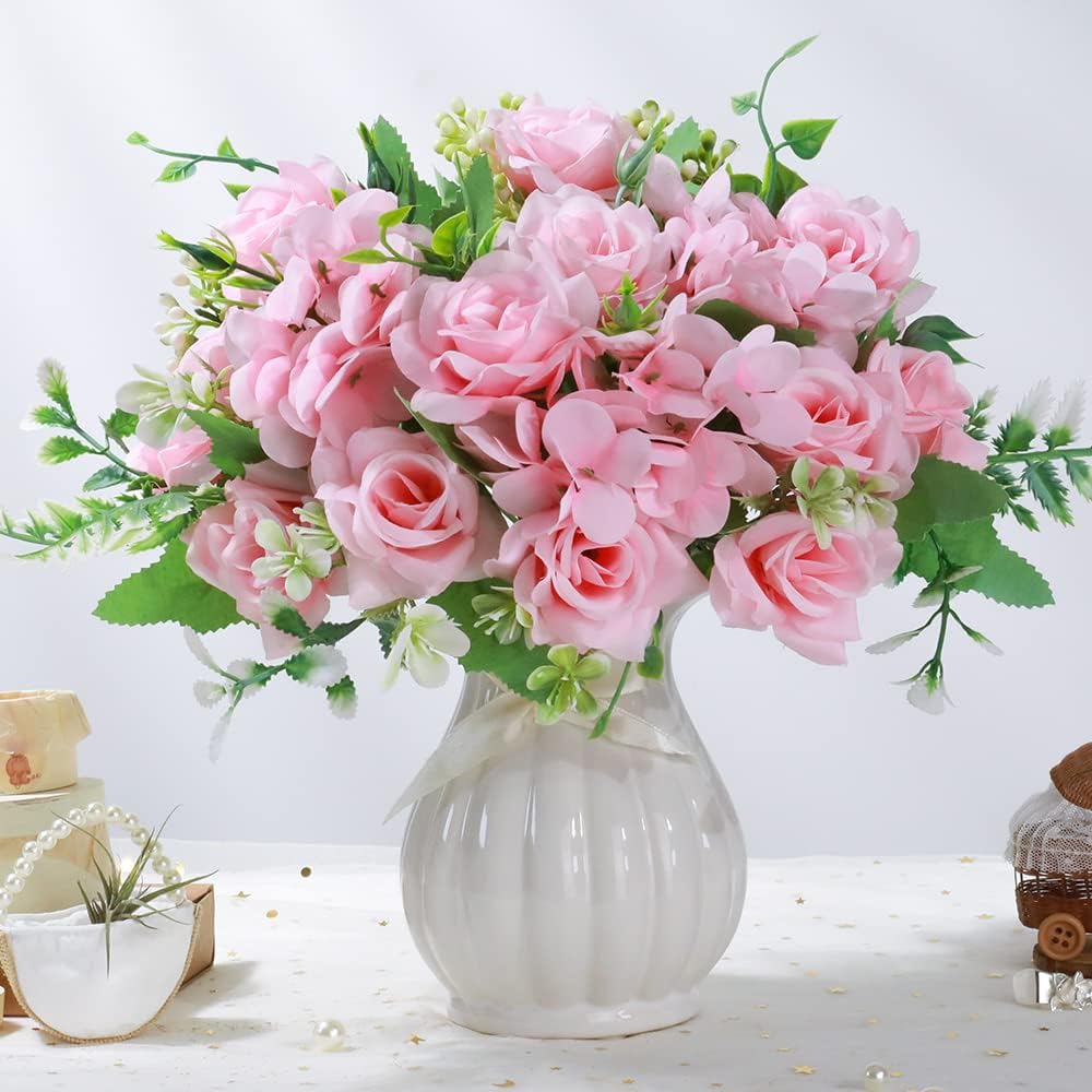 LESING Artificial Rose Silk Hydrangea Flowers Bouquets with Vase Rustic Fake Flowers for Home Decoration Table Centerpiece (Pink)