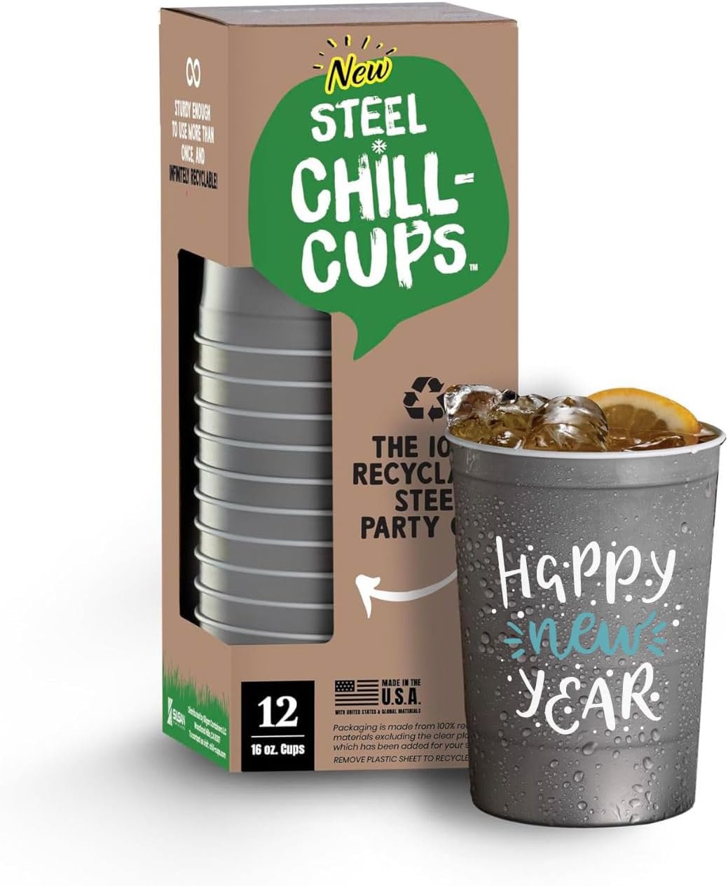 16 oz. Party Cups 'Happy New Year' Champagne Design for Cold Drinks, Durable, Disposable, Recyclable, Made in USA, Gray, 12 Count