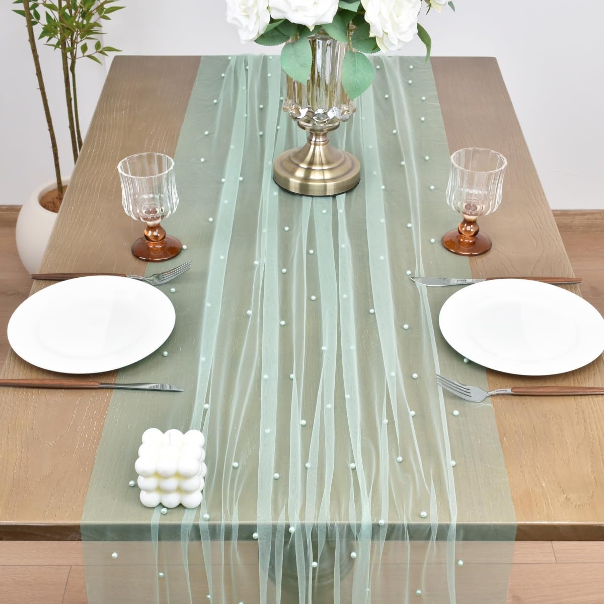 Joanlody Fall Pearl Table Runner 10ft Rustic Boho Tulle Table Runner with Pearls for Baby Shower Wedding Party Veil Dessert Thanksgiving Table Decor Sage Green 4pcs