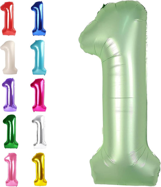 Sage Green Number 1 Balloon 40 inch, Number 1 Birthday Balloons for Boy Girl, Oliver Green Foil One Balloon for 1st 10 11 12 16 18 Birthday Party, Anniversary Celebration Numbers Decorations