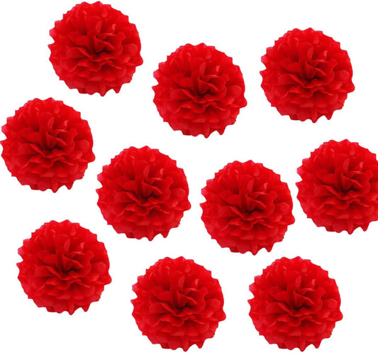 10in Paper Pom Poms - Red Tissue Paper Flower Hanging Balls - Wedding Party Decorations - DIY Art Craft Blooms for Birthday, Baby Shower, Nursery Decor
