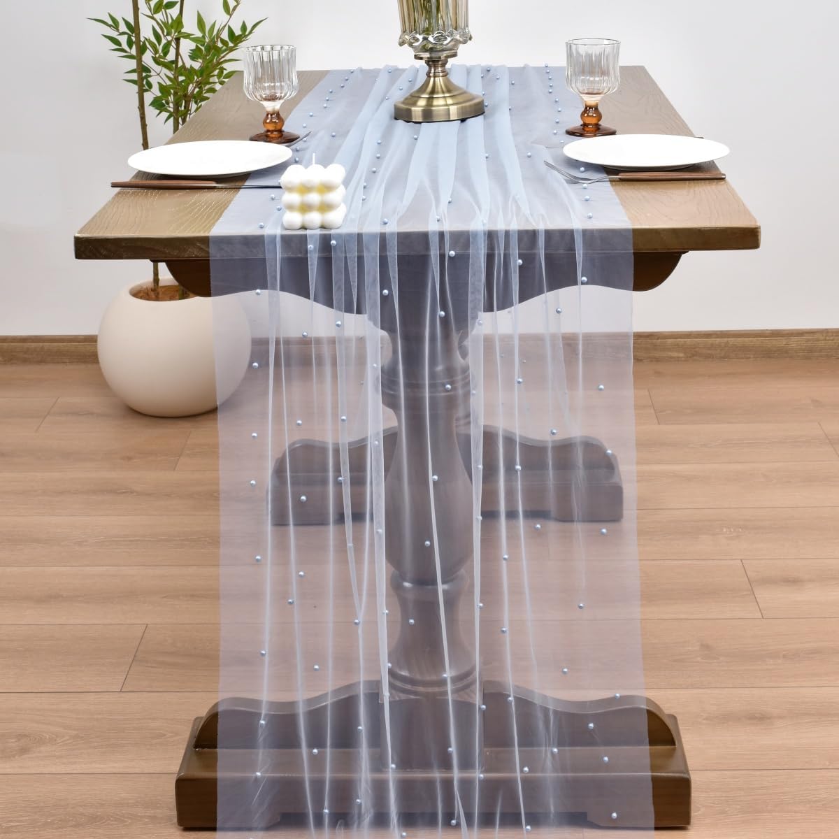 Joanlody Fall Pearl Table Runner 10ft Rustic Boho Tulle Table Runner with Pearls for Baby Shower Wedding Party Veil Dessert Thanksgiving Table Decor Blue