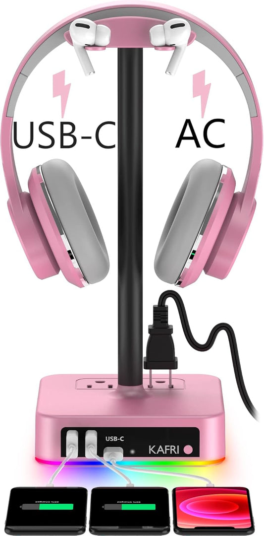 KAFRI RGB Headphone Stand with USB Charger Desk Gaming Headset Holder Hanger Rack with 3 USB Charging Port and 2 Outlet - Suitable for Gamer Desktop Table Game Earphone Accessories Girlfriend Gift