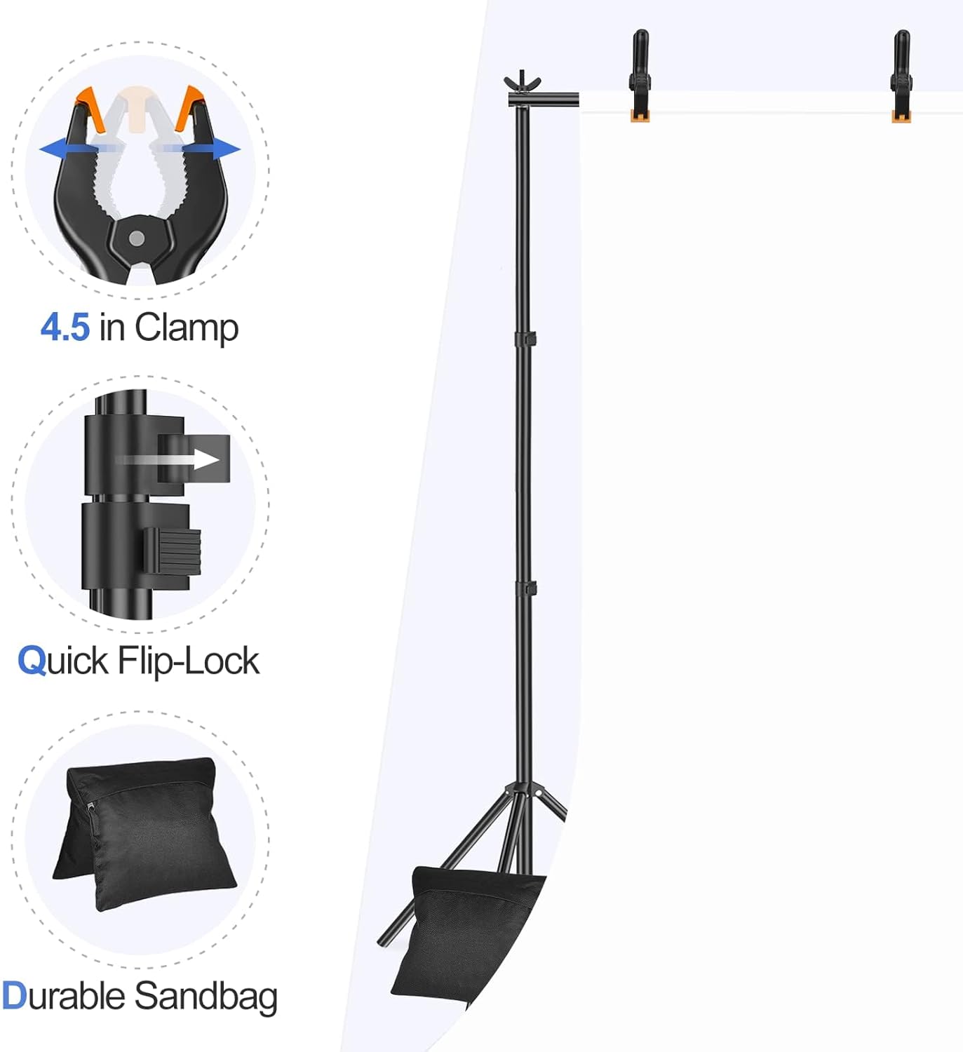 EMART Backdrop Stand 10x7.8ft(WxH) Photo Studio Adjustable Background Stand Support kit with 2 Crossbars, 8 Clamps, 2 Sandbags and Carry Bag for Parties, Events Decoration, Wedding, Photography