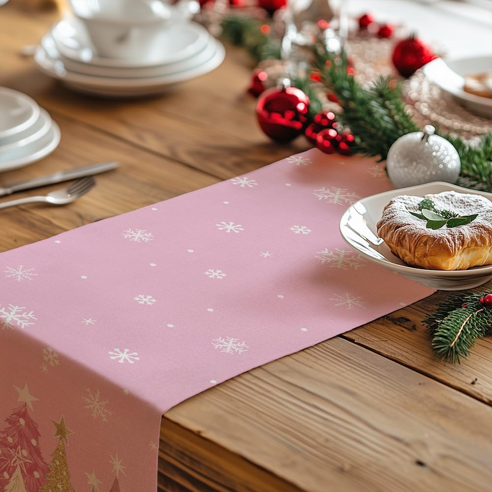 GEEORY Christmas Table Runner 13x72 Inch, Xmas Trees Snowflakes Holiday Decorative Farmhouse Table Decoration for Kitchen Dinning, Indoor Outdoor Dinner Party Decor (Pink) GT153-72