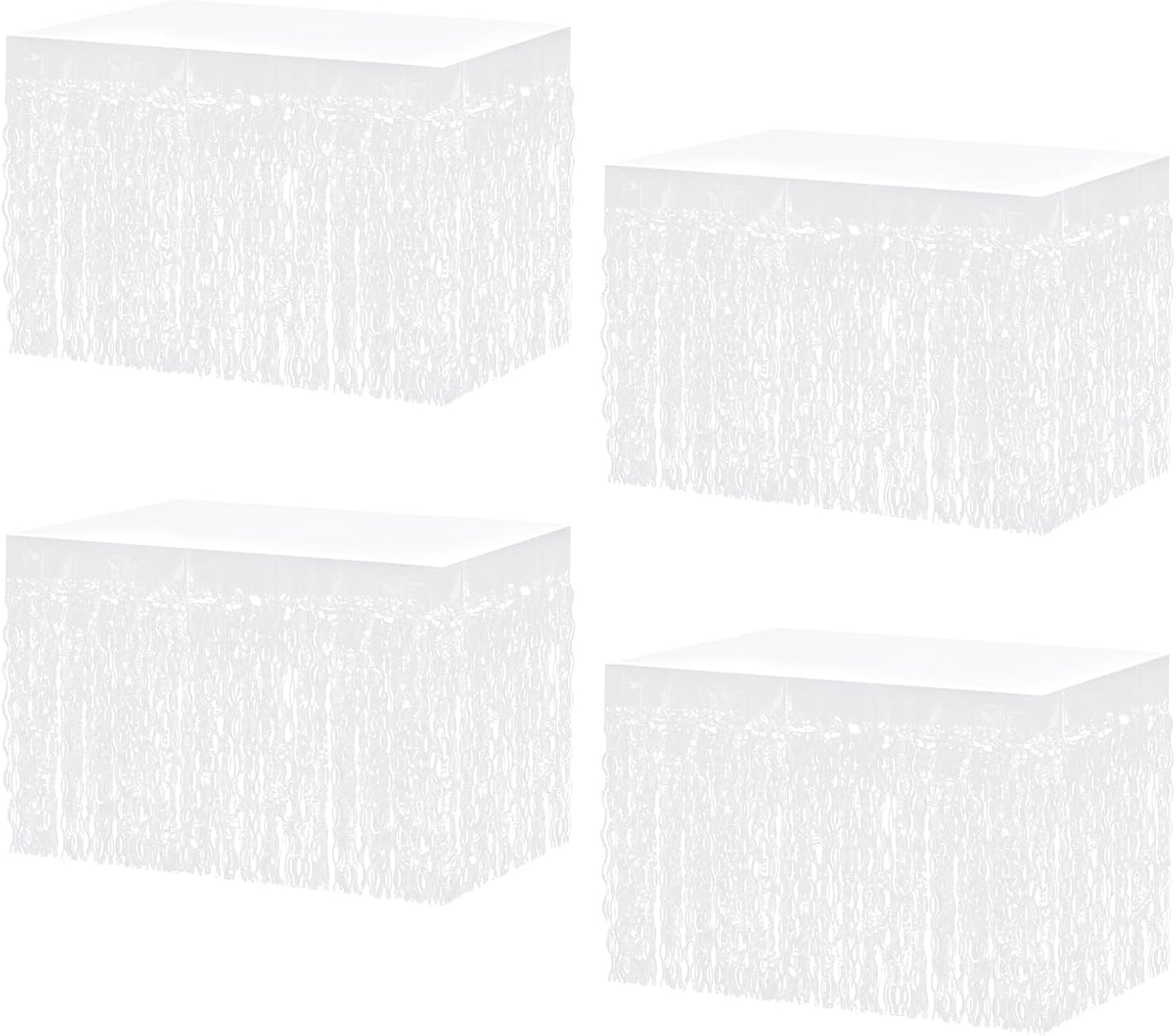 4P Wavy Metallic Tinsel Foil Fringe Table Skirts for Rectangle Tables Backdrop Garland Curtains for Parade Floats Wedding Birthday Parties Decoration Graduation 2025 Christmas (Makaron White)
