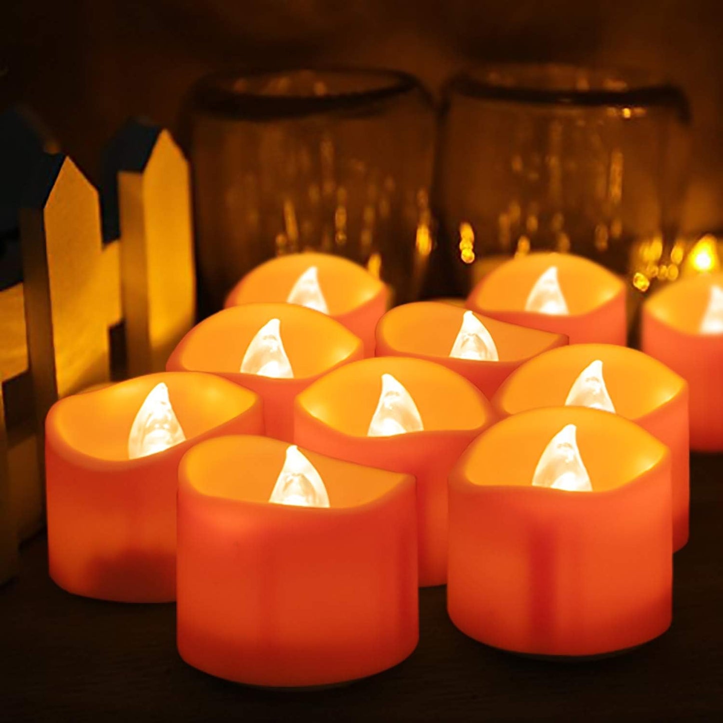 BEICHI 24 Pack Halloween Tea Lights, Realistic Orange Tea Candles, Battery Operated Flameless Tealights for Halloween, Fall Decorations