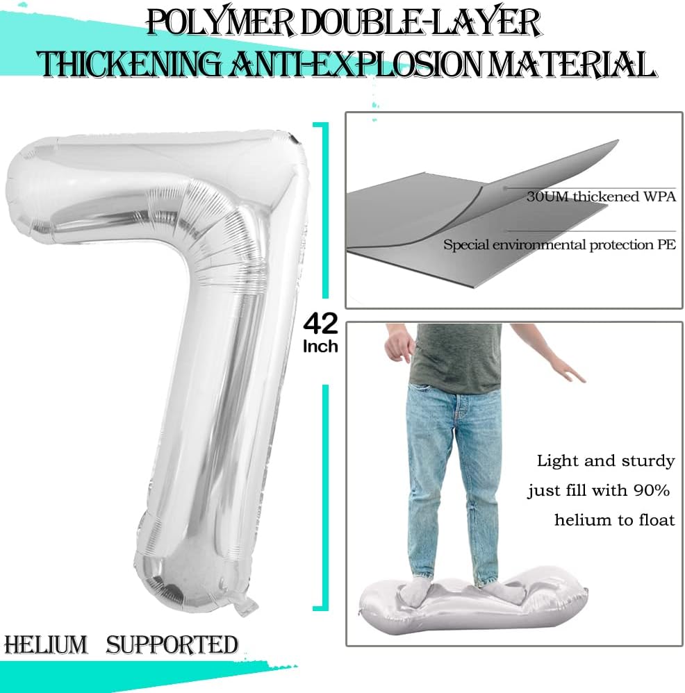 GOER Silver Foil Balloons Number 7,Huge Number Balloons for 7th Birthday Party Supplies Anniversary Decorations(3 pcs,42 inch,32 inc,16inch)