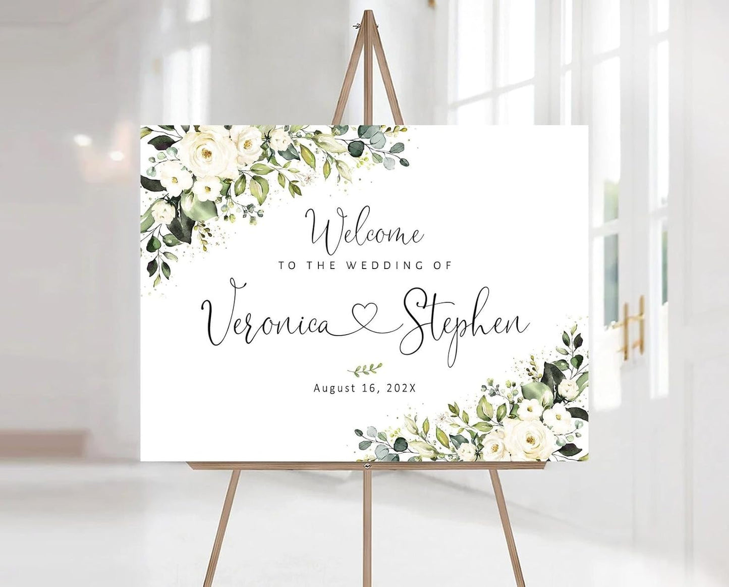 Welcome Wedding Signs, Minimalist White Floral Wedding Sign Decorations Signage 12" X 18" (Small), 27" (Medium), 36" (Large), Plastic, Modern, Pole Mount, Weather