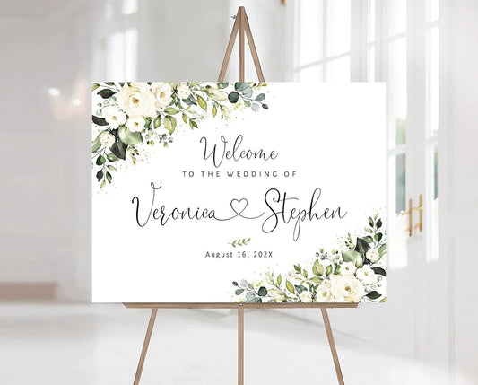 Welcome Wedding Signs, Minimalist White Floral Wedding Sign Decorations Signage 12" X 18" (Small), 27" (Medium), 36" (Large), Plastic, Modern, Pole Mount, Weather