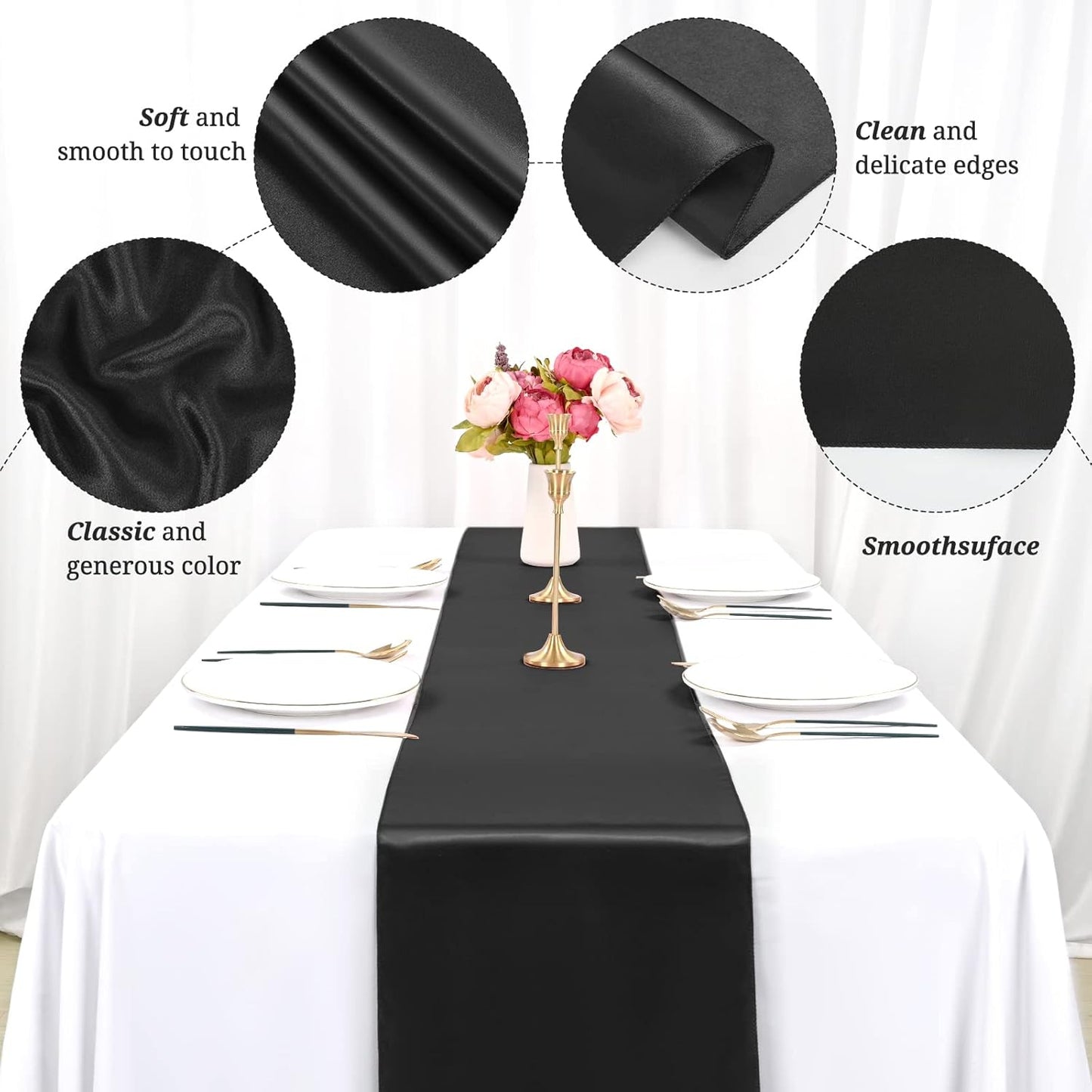 12 Pack Black Satin Table Runner,12 x 108 inch Long Premium Smooth Table Runner for Wedding, Banquets, Birthday, Party, Graduation, Engagements, Table Runners fit Rectangle and Round Table
