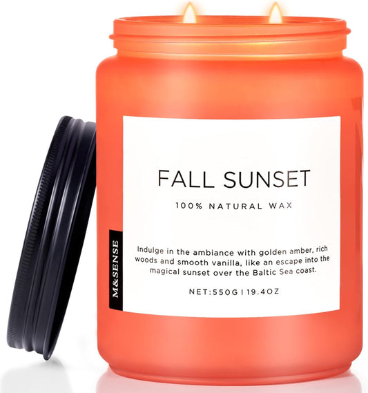 M&SENSE Fall Sunset Amber Scented 19.4oz 110 Hours Long Lasting Slow Burning Candle for Housewarming, Large Natural Soy Organic Relaxing Aromatherapy Candle Gifts for Women Men