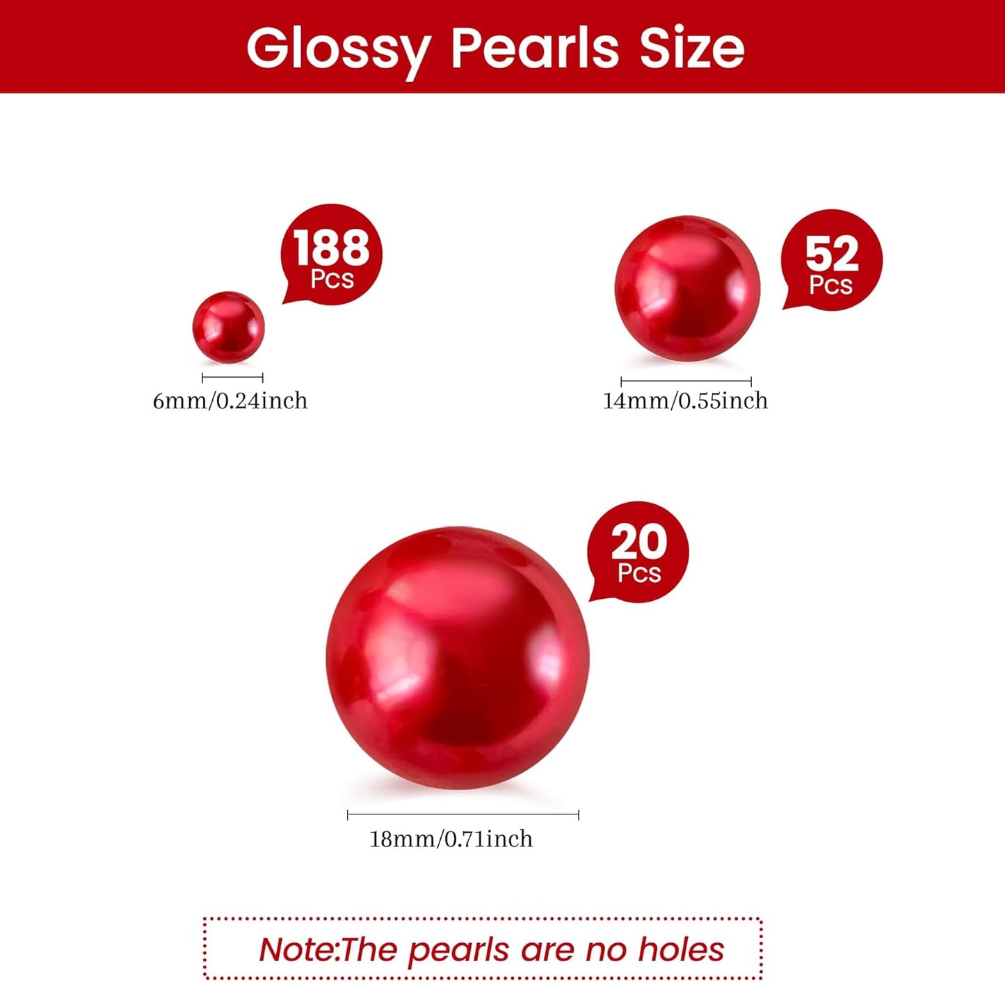 260Pcs Red Glossy Beads for Centerpiece Decor, Artifical Pearls Vase Filler, Makeup Brush Beads, No Hole Round Pearl Beads for Wedding Birthday Christmas Party Home Decor(18mm 14mm 6mm)