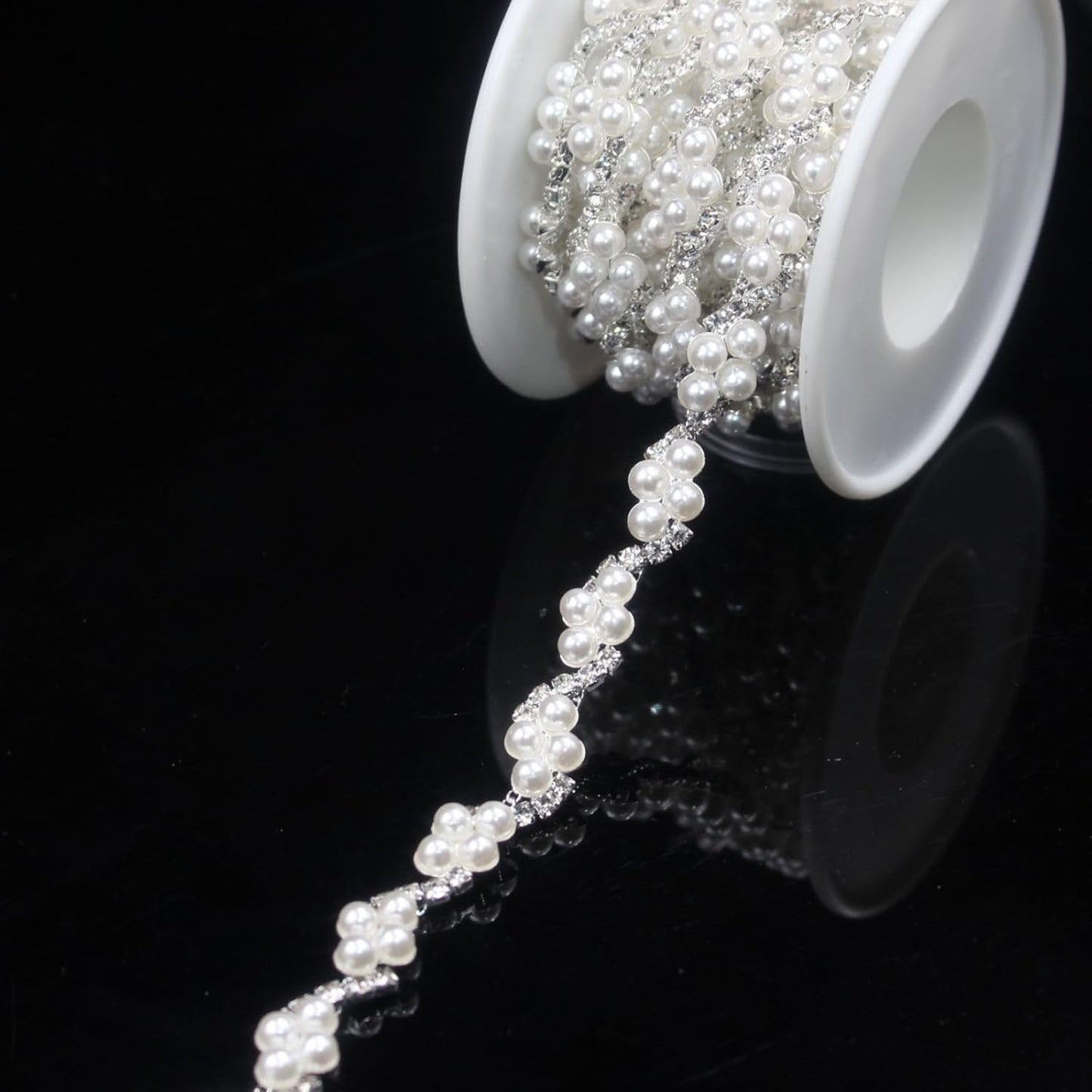 PEARLY JUN 2 Yards Pearl Rhinestone Trim Chain Silver Crystal Fringe Diamond Applique Ribbon String Tassel Strip for Sewing Wedding Dress Crafting Crafts Flower Embellishments