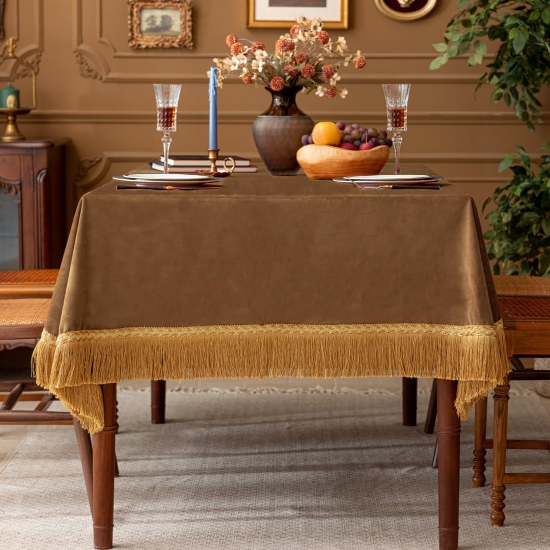 F-CHU Luxury Camel Tablecloth Thickset Velvet Tablecloth with Beautiful Gold Tassels Vintage Table Cloth for Home Decor Wedding, Party, Banquet and Events 60x120-Inch