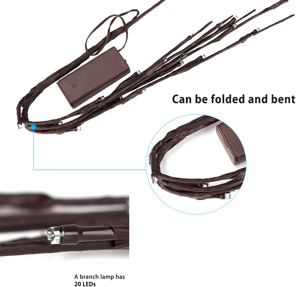 3 Pack Cool White Lighted Twig Branches 60 LED Lights Artificial Tree Willow Branches Lamp for Home Holiday Party Decoration Decor Battery Operated