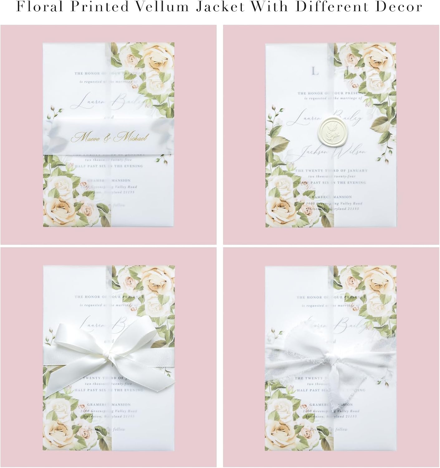 PONATIA 50PCS Vellum Jackets for 5x7 Invitation Cards- 135GSM Champagne Flowers Vellum Sleeves, VVellum Sleeves, 5x7 Clear Jackets - Wedding Invitations Wraps - Transparent Card Jackets