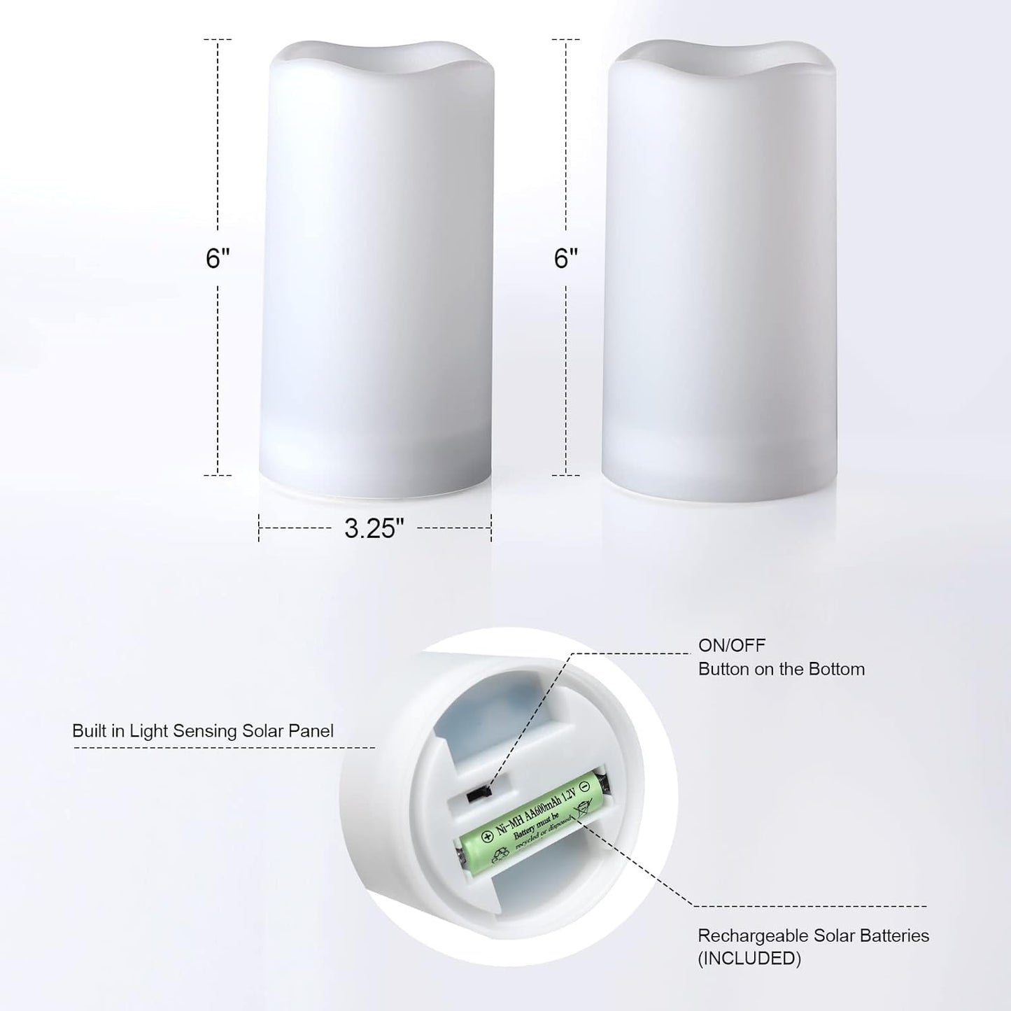 Solar flameless Candles Outdoor Waterproof,Dusk to Dawn Outdoor Lighting, Flickering fameless Reusable LED Light Candles for Lantern Garden Camping and Home Decor, 3D Wick (3"X6") Set of 2