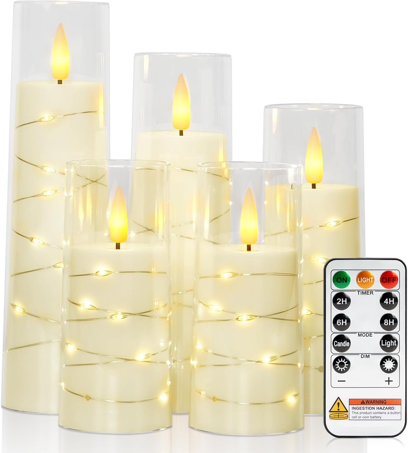 Raycare Flameless Candle with Remote Timer – 5 Flickering Acrylic Battery Operated LED Pillar Candles with Embedded Star String for Halloween, Home Decor, and as a Gift(Ivory)