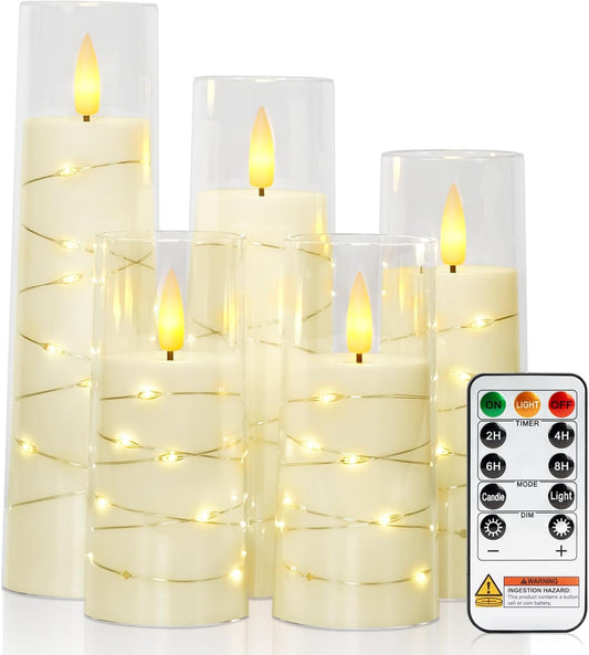 Raycare Flameless Candle with Remote Timer – 5 Flickering Acrylic Battery Operated LED Pillar Candles with Embedded Star String for Halloween, Home Decor, and as a Gift(Ivory)