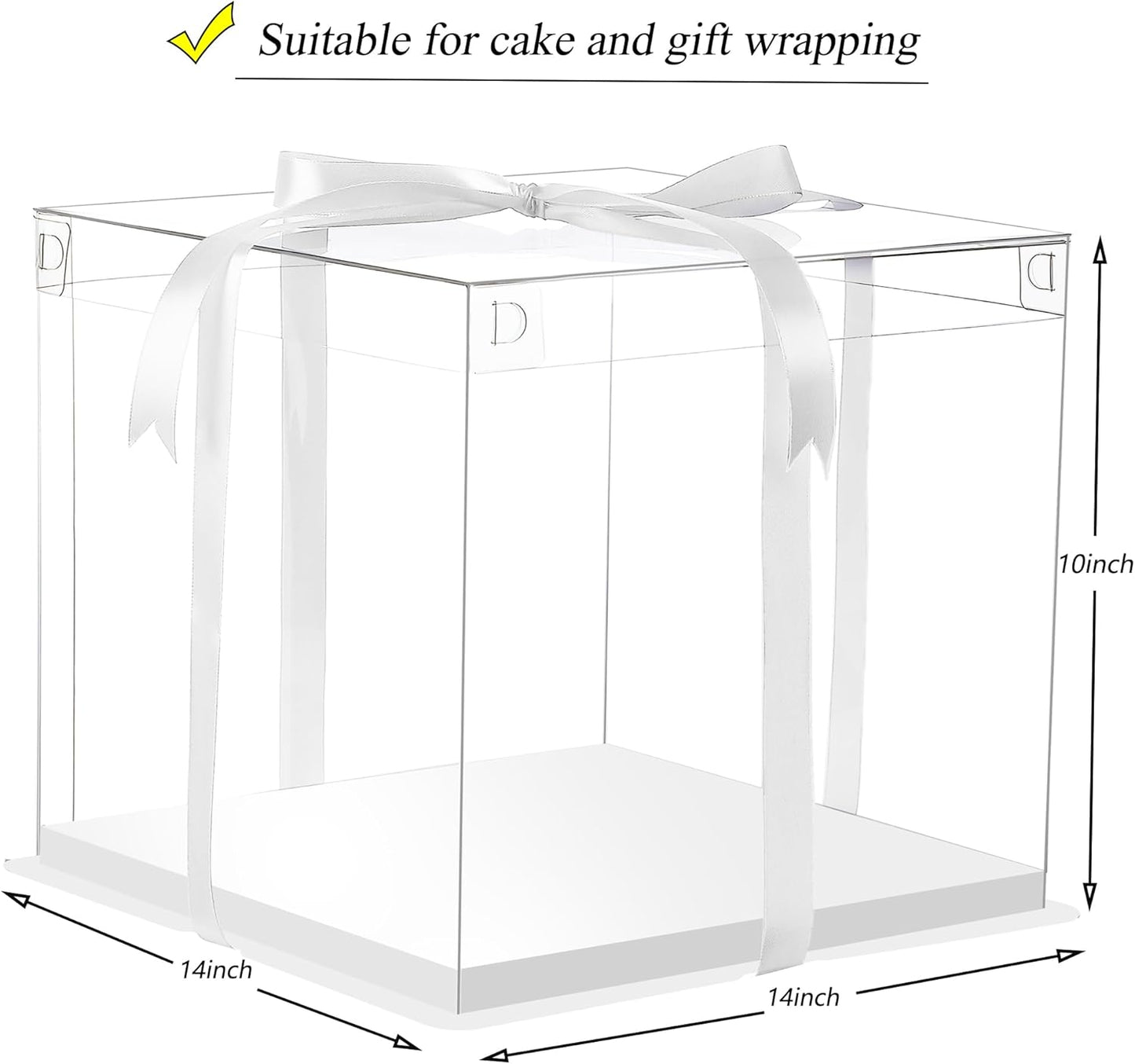 XININSUN 14x14x12inch clear cake box with ribbon,12inch14inch tall cake boxes for tiered cakes,layer cake carrier,disposable cake containers for wedding birthday party and gift display-White