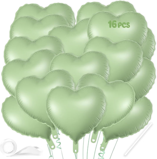 16 Pcs Heart Balloons, 18 Inch Olive Green Love Heart Shaped Foil Balloons for Wedding Anniversary Birthday Party Valentine Decorations Baby Shower Bridal Shower Engagement Decorations Supplies
