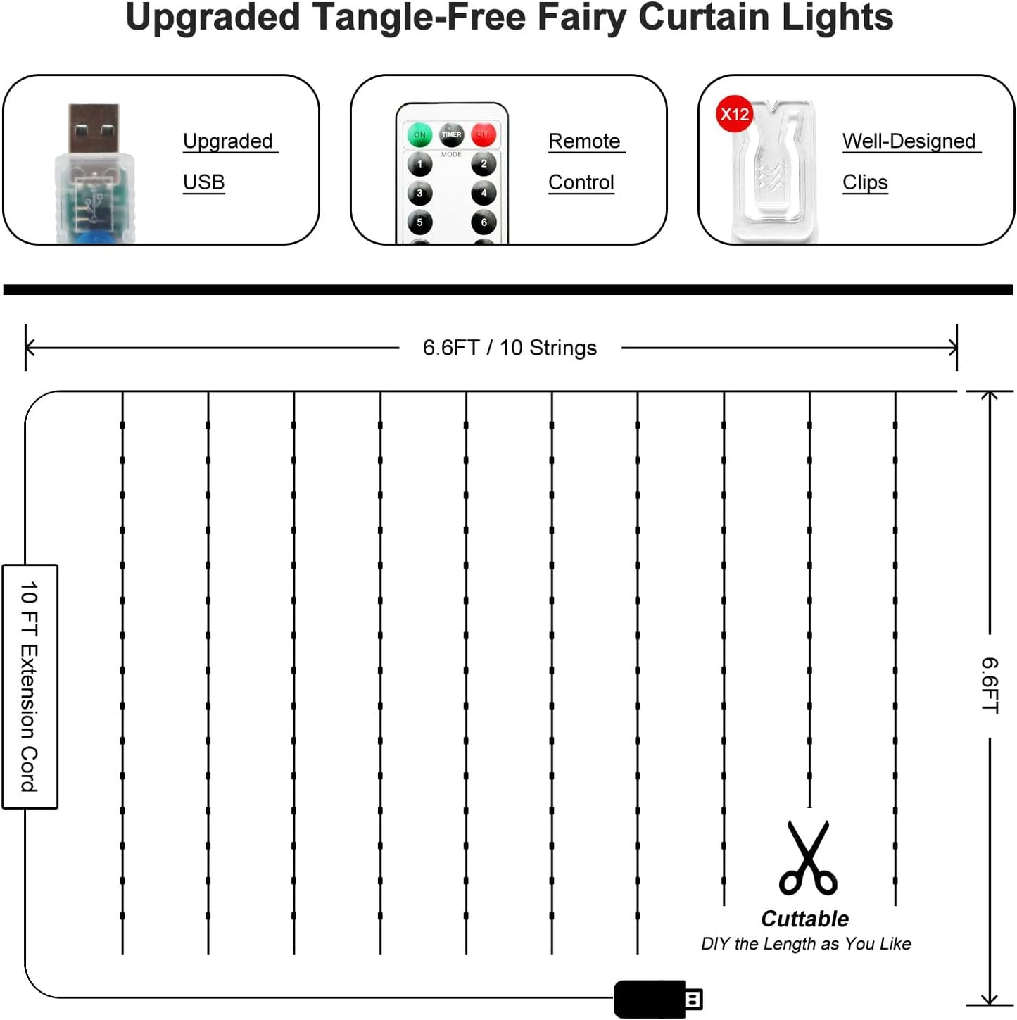 Fairy Curtain Lights Upgraded Tangle-Free Warm White USB Plug in 8 Modes String Hanging Lights with Remote for Christmas, Bedroom, Indoor, Outdoor, Weddings, Party (6.6FTx6.6FT)