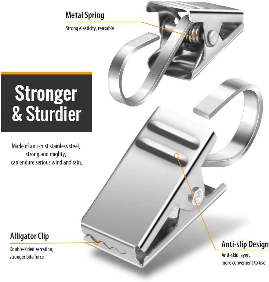 Teenitor 25 Pack Curtain Clips for Hanging Curtain Hooks, Stainless Steel Curtain Hooks with Clips, Small Hooks Clips for Camper Awning Light Photos Party Decorations