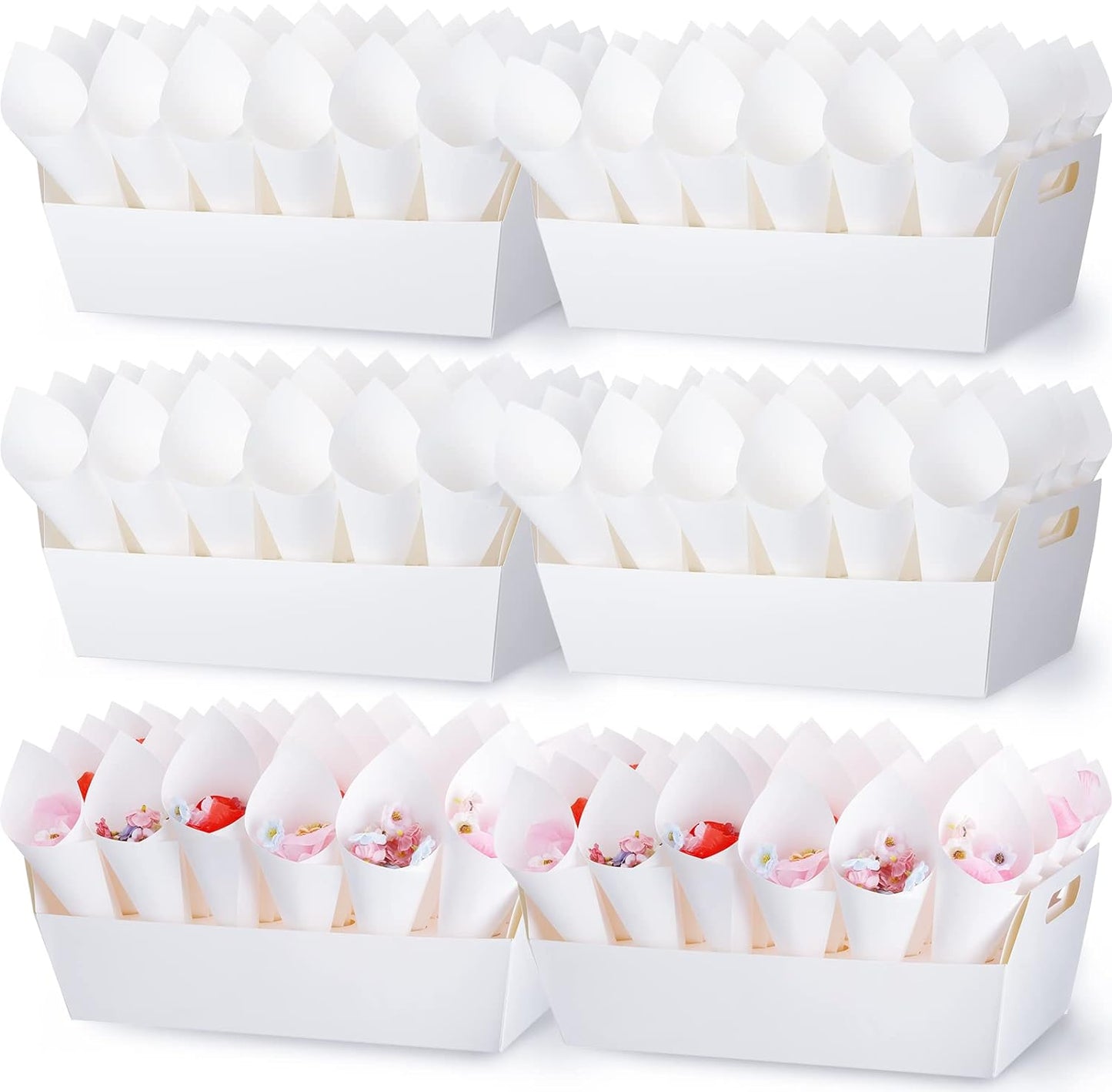 6 Set Wedding Confetti Cone Holder Box Each Includes 30 Pieces of Cone Papers and 30 Holes for 30 Confetti Cones Box Party Confetti Cone Kraft Stand Tray Box for Wedding Party Candy Flower(White)