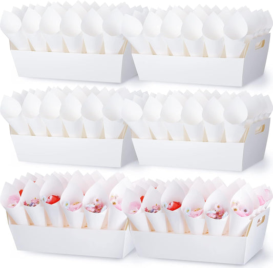 6 Set Wedding Confetti Cone Holder Box Each Includes 30 Pieces of Cone Papers and 30 Holes for 30 Confetti Cones Box Party Confetti Cone Kraft Stand Tray Box for Wedding Party Candy Flower(White)
