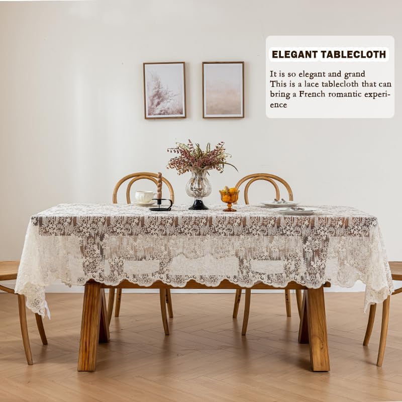 Lace Embroidered Tablecloth. Rectangle Lace Vintage Tablecloth Dustproof Table Protector for Kitchen Dining Room Party Banquet Home Picnic Wedding Decoration (Creamy White 70.5×53 inch)