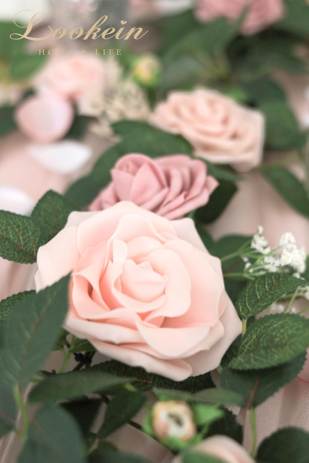 Lookein Artificial Rose Flower Garland Greenery Garland 5FT for Wedding Ceremony Backdrop Arch Flowers Table Centerpieces Decorations, Romantic Blush