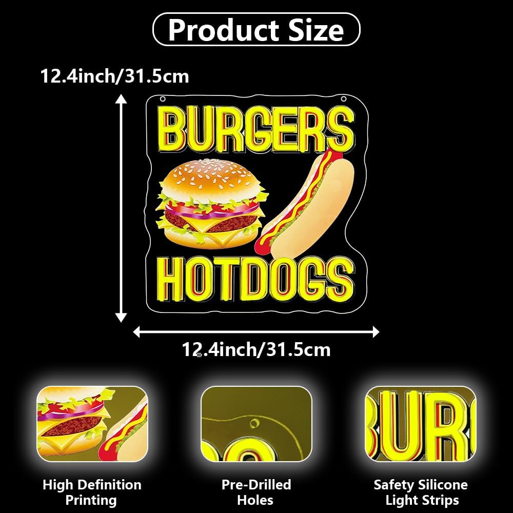 Hot Dogs Burgers Neon Signs for Wall Decor,Hot Dogs Led Neon Sign Party Decorations,Dimmable Hamburger Led Lights Sign for Business Food Restaurant Bar Birthday Party Decor,Hot Dog Shop Decor