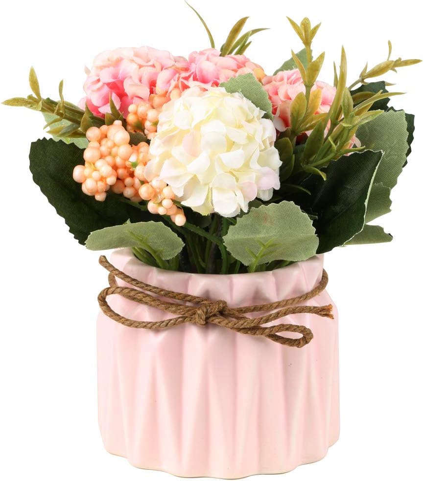 Artificial Hydrangea Bouquet with Small Ceramic Vase Fake Silk Variety Flower Balls Flowers Decoration for Table Home Party Office Wedding (Pink)