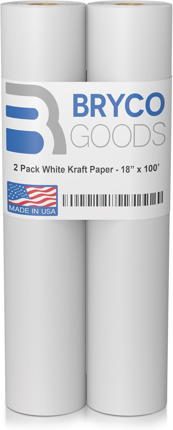 Bryco Goods 18”x1200” (100’) White Kraft Paper Roll - Pack of 2 - Easel Paper for Arts & Crafts, Floor Covering, Packaging, Gift Wrapping, Bulletin Boards - Made in The USA
