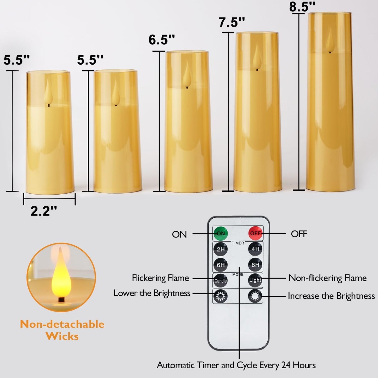 Amagic Flickering Flameless Candles, Battery Operated Candles, Amber Gold Acrylic LED Pillar Candles with Remote and Timer, 3D Wick, Yellow and Blue Glow, D2.2 xH5 5" 6" 7" 8", Set of 5