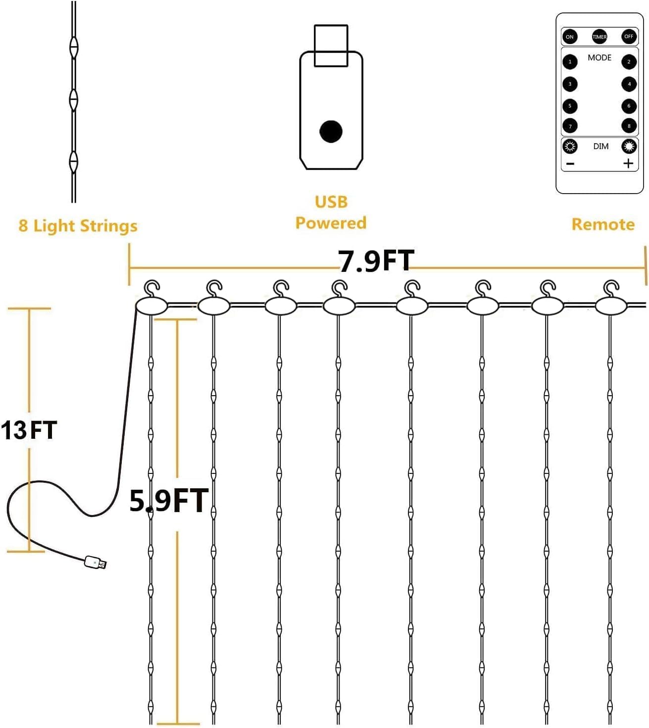 YEOLEH String Lights Curtain,USB Powered Fairy Lights for Bedroom Wall Party,8 Modes & IP64 Waterproof Ideal for Outdoor Wedding Decor (White,7.9Ft x 5.9Ft)