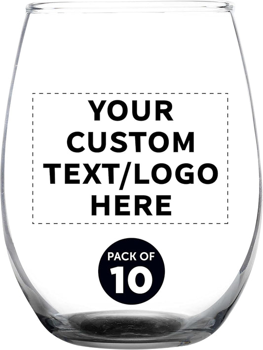 DISCOUNT PROMOS Custom Stemless Wine Glass 9 oz. Set of 10, Personalized Bulk Pack - Great for Wedding Favors, Bachelorette Party Decorations, Party Favors, Color Bottom - Black