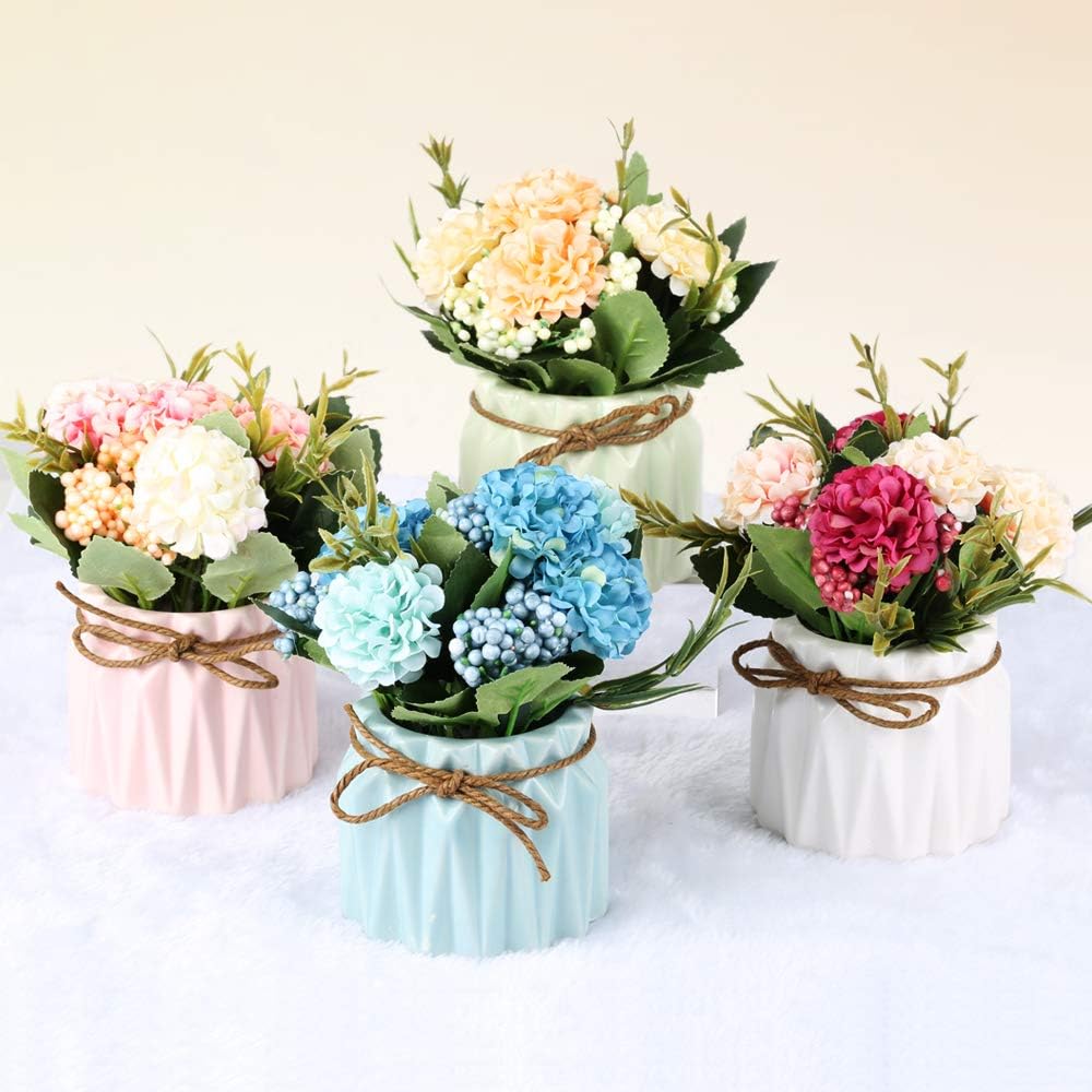 Artificial Hydrangea Bouquet with Small Ceramic Vase Fake Silk Variety Flower Balls Flowers Decoration for Table Home Party Office Wedding (Blue)