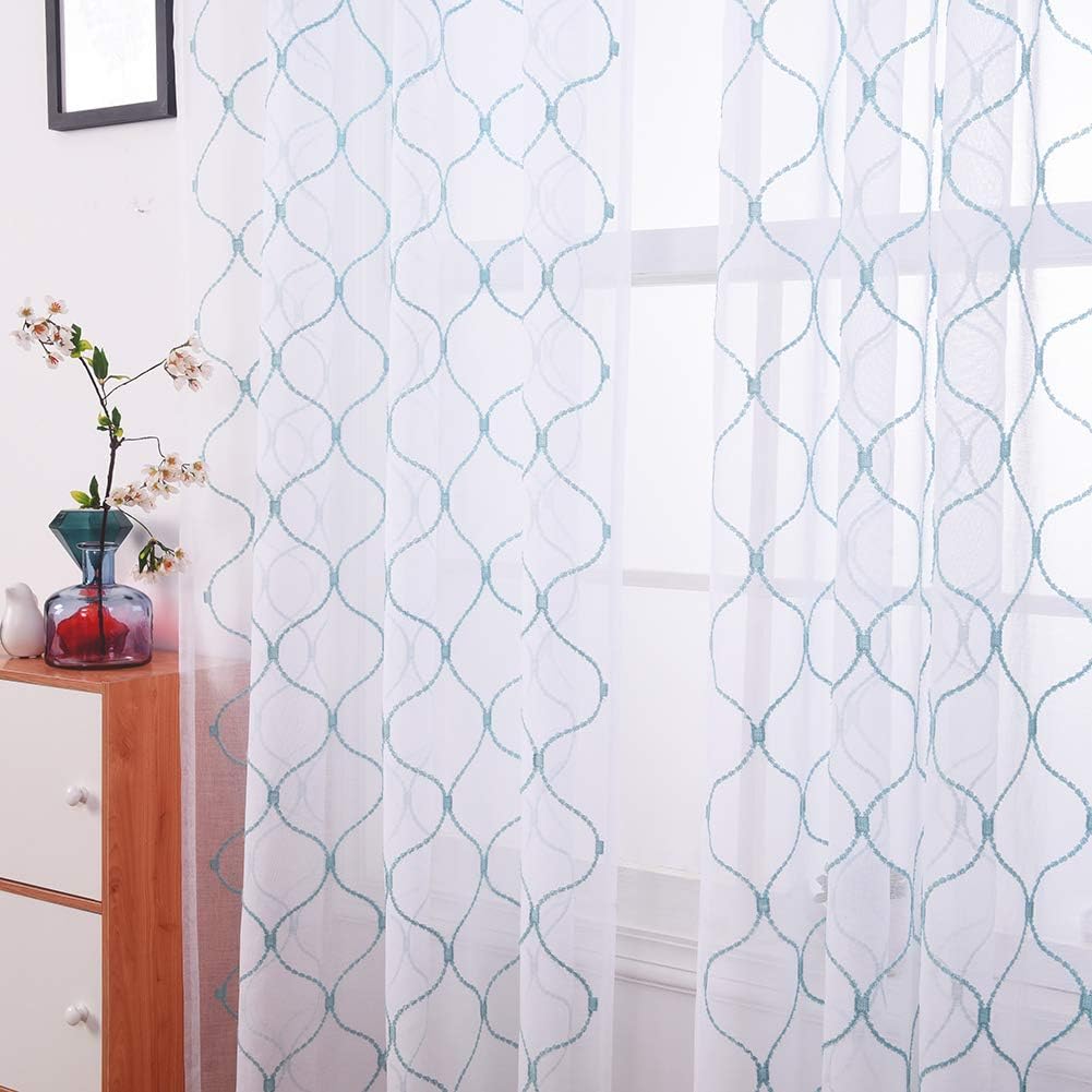 Embroidery Sheer Curtains Blue 63 Inches, Rod Pocket Voile Drapes for Living room, Bedroom, Window Treatments Wave Diamond Semi Crinkle Curtain Panels for Yard, Patio, Villa, Set of 2, 52"x 63".