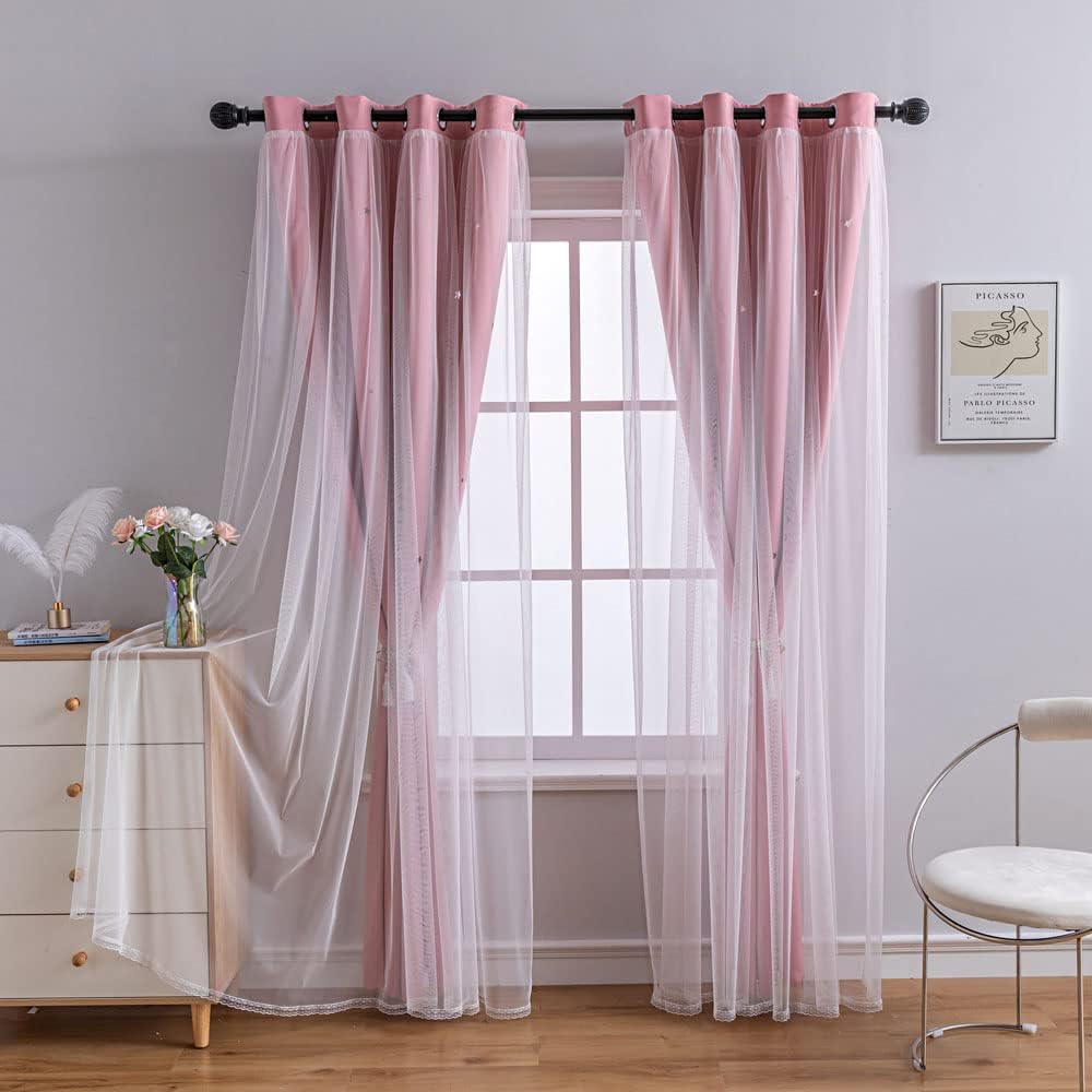 FANLI 2 Panels Star Blackout Curtains for Kid Girls Bedroom Living Room Darking Stripe Double Layer Star Cut Out Wall Home Decor Gradient Grommet Window Curtains (Pink 84L)