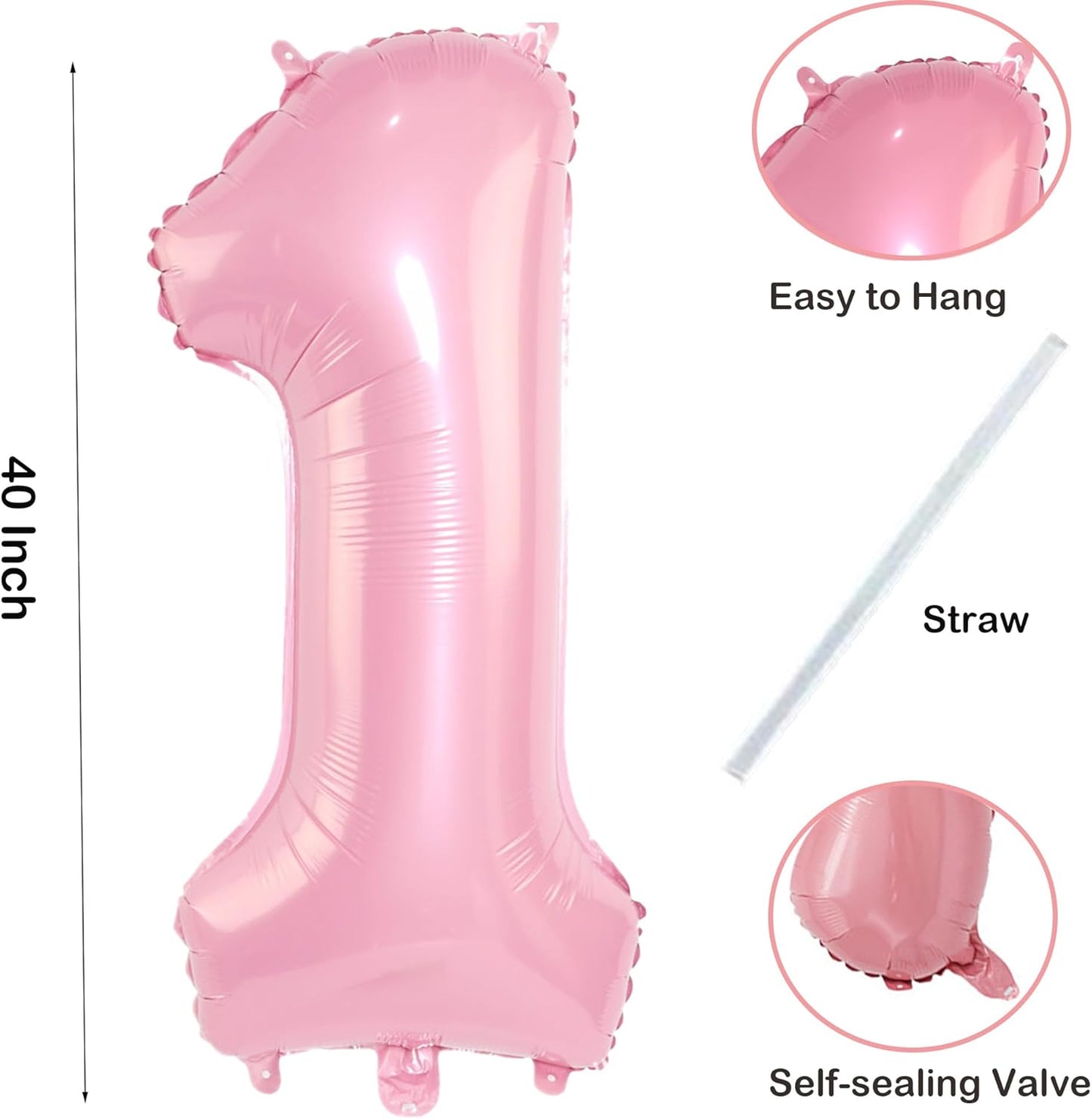 Light Pink 1 Number 40 Inch Large Balloon 1st Numbers Big Foil Helium Number Balloons 0-9 Jumbo Happy 11 21st Mylar Birthday Party Decorations for Baby Girl Anniversary Party Supplies